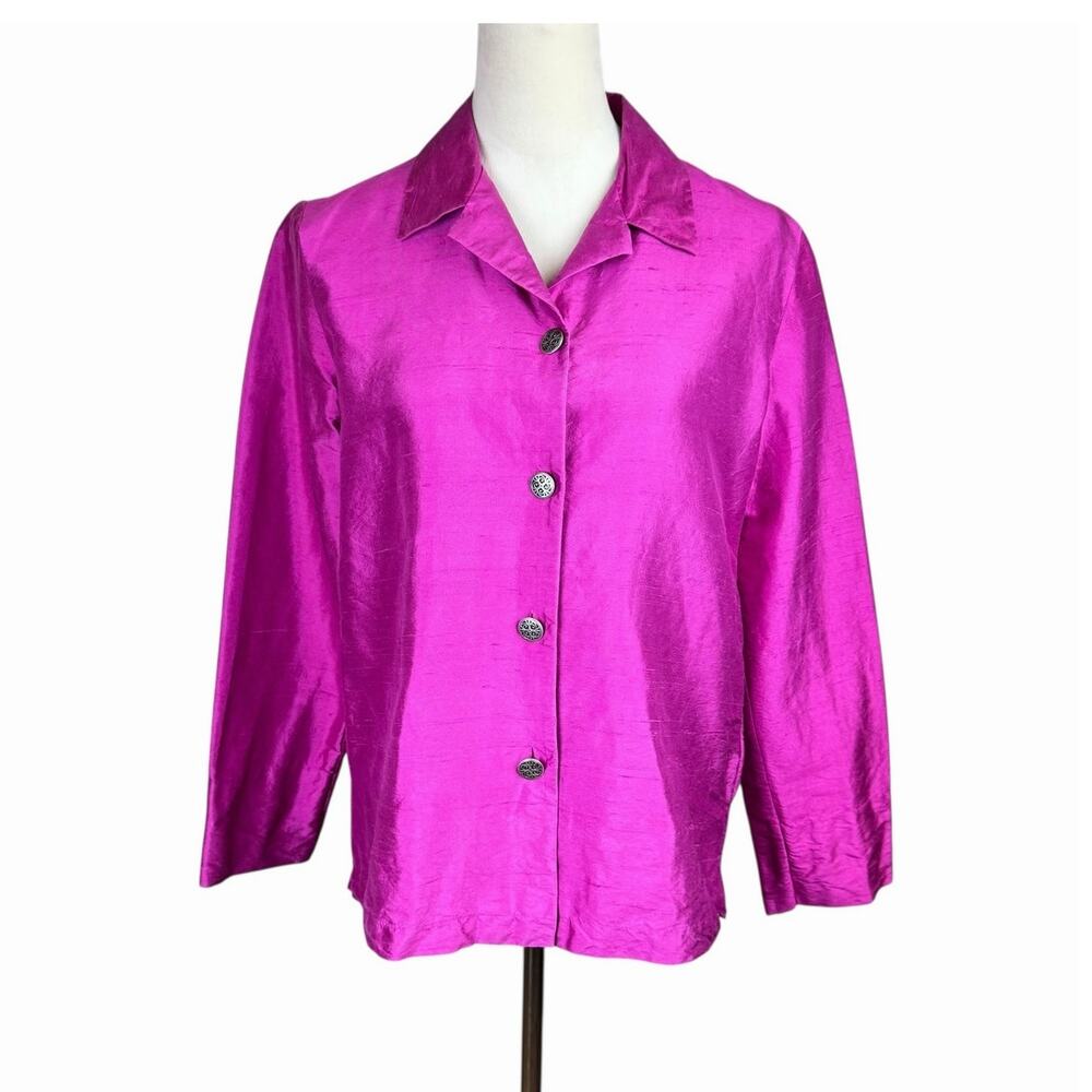 August Max 100% Dupion Silk Magenta Button Up Long Sleeved Dress Shirt Blouse